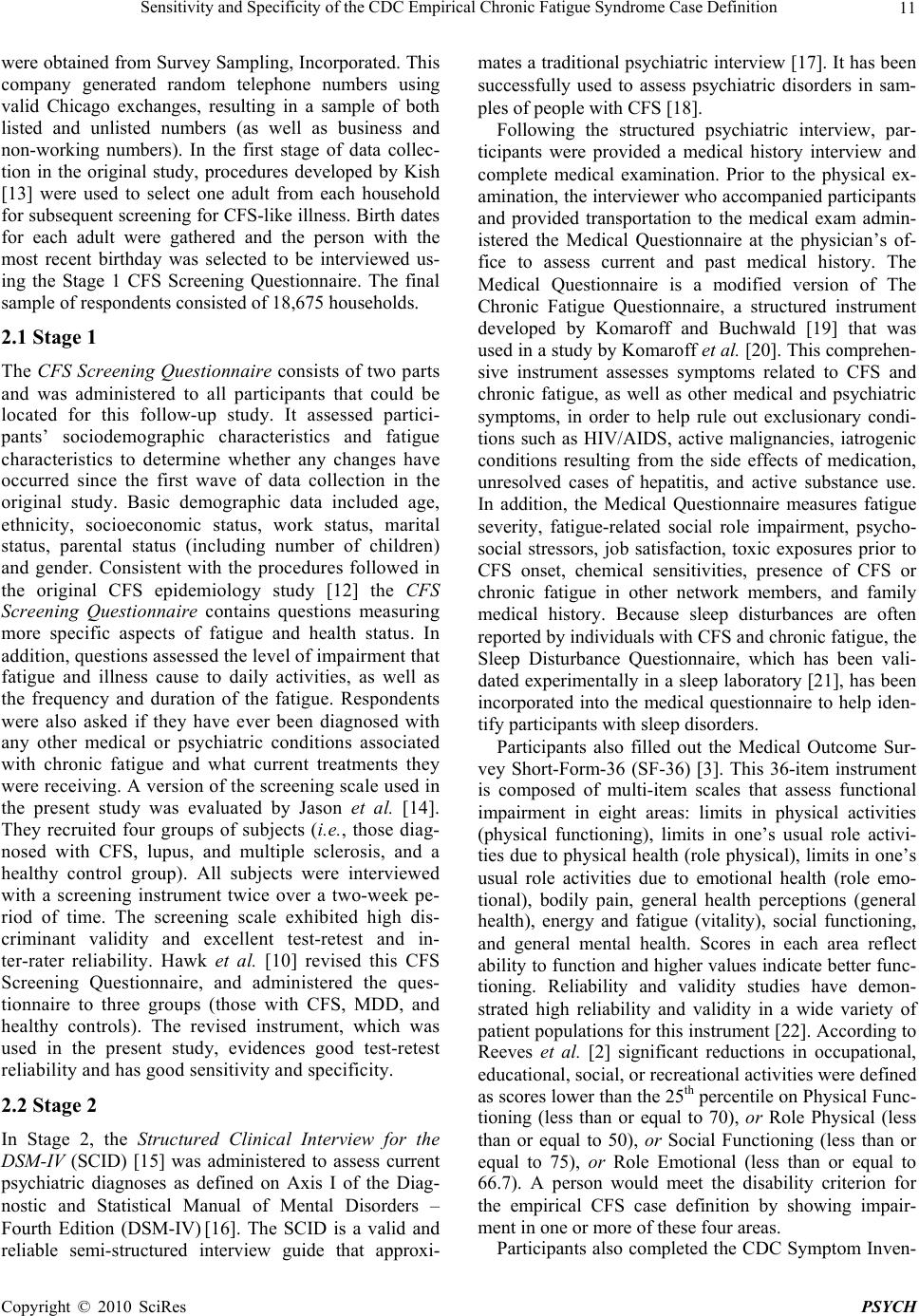 Sensitivity and Specificity of the CDC Empirical Chronic Fatigue ...