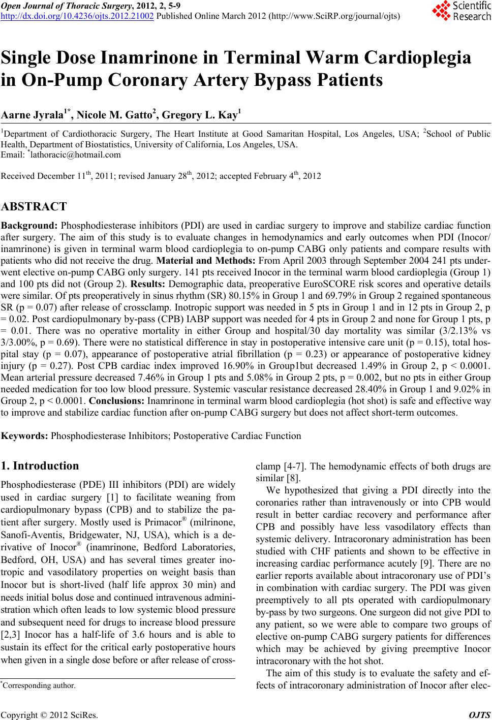 Single Dose Inamrinone in Terminal Warm Cardioplegia in On-Pump ...