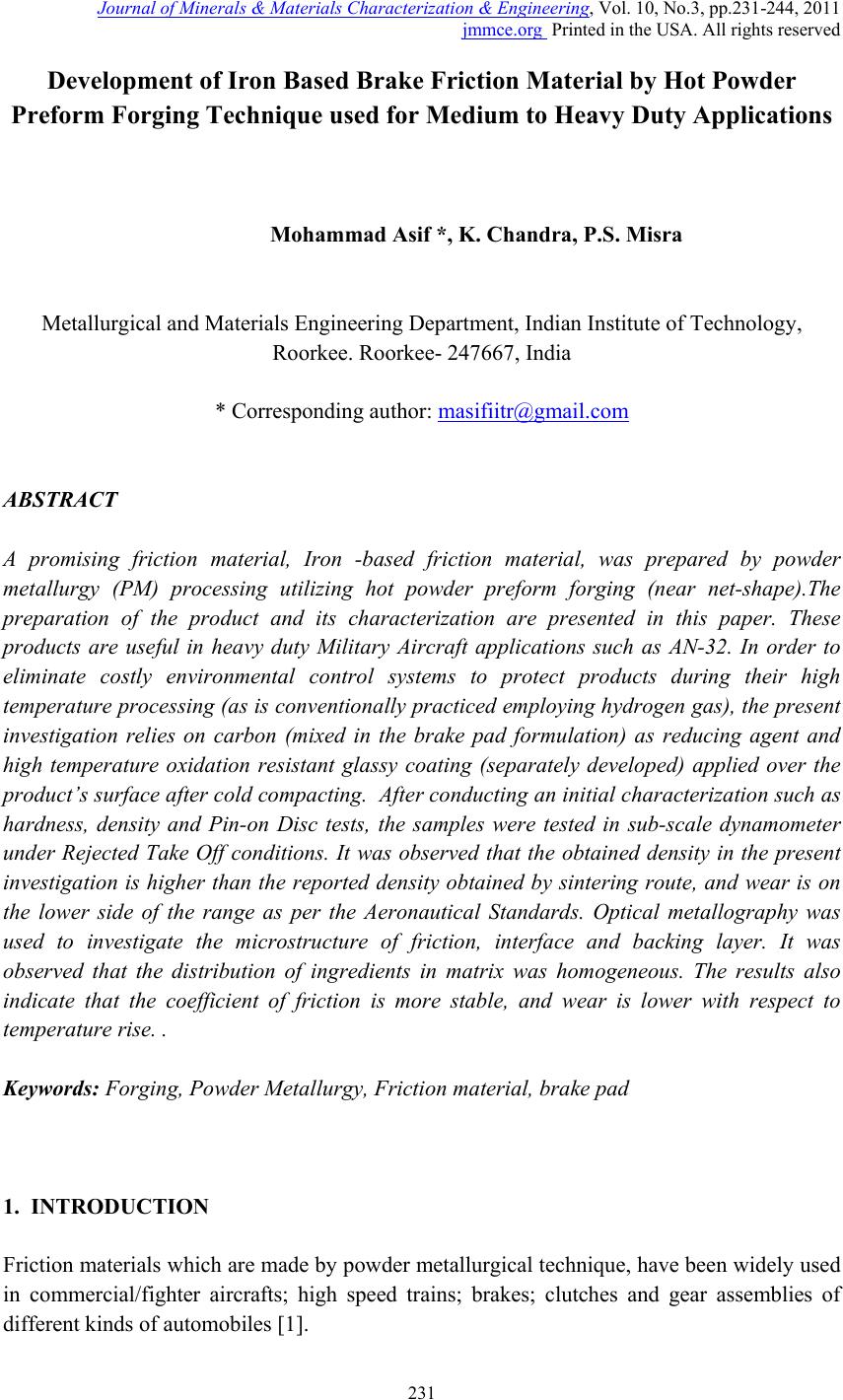 Development of Iron Based Brake Friction Material by Hot Powder Preform ...