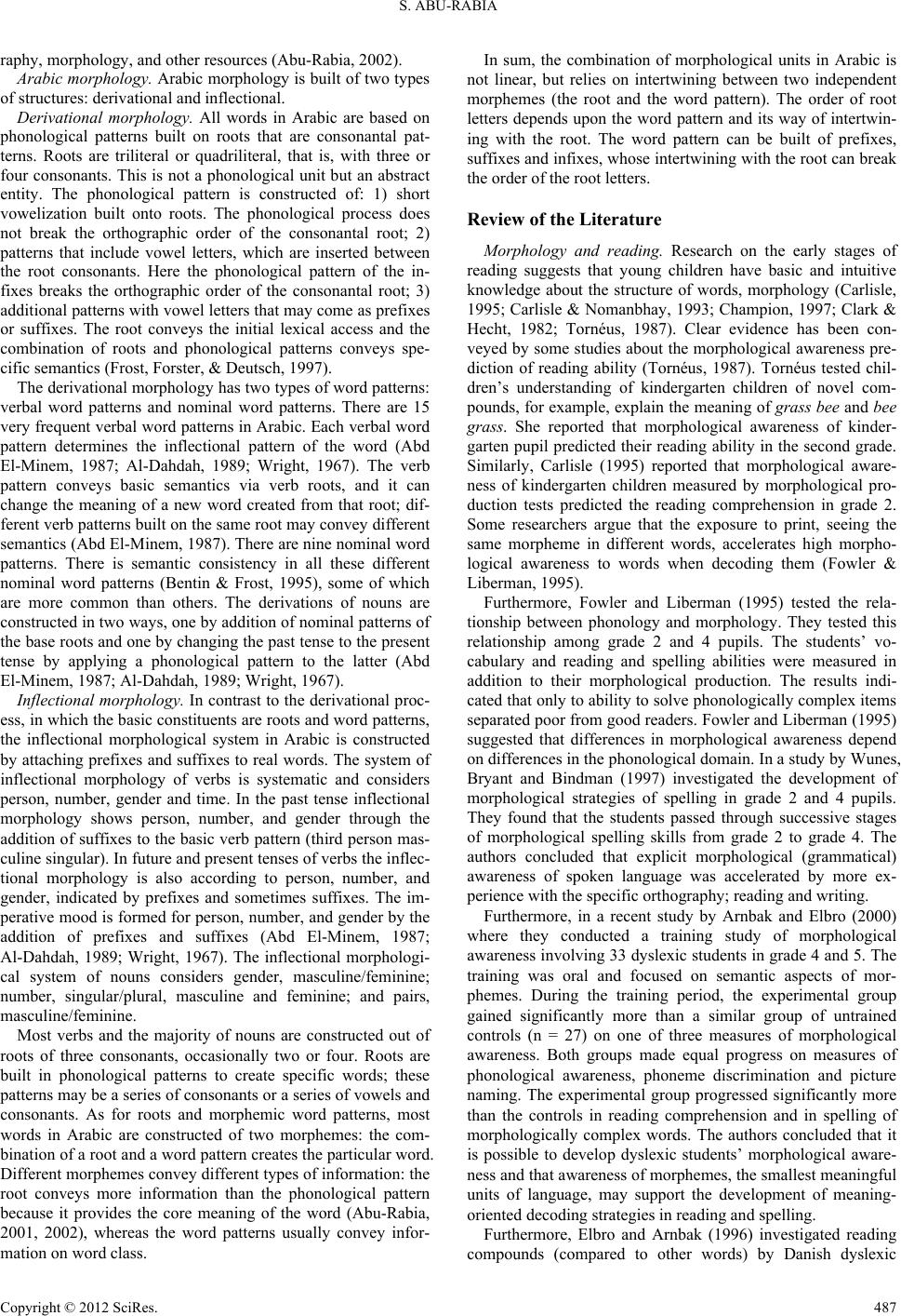 The Role of Morphology and Short Vowelization in Reading Morphological ...