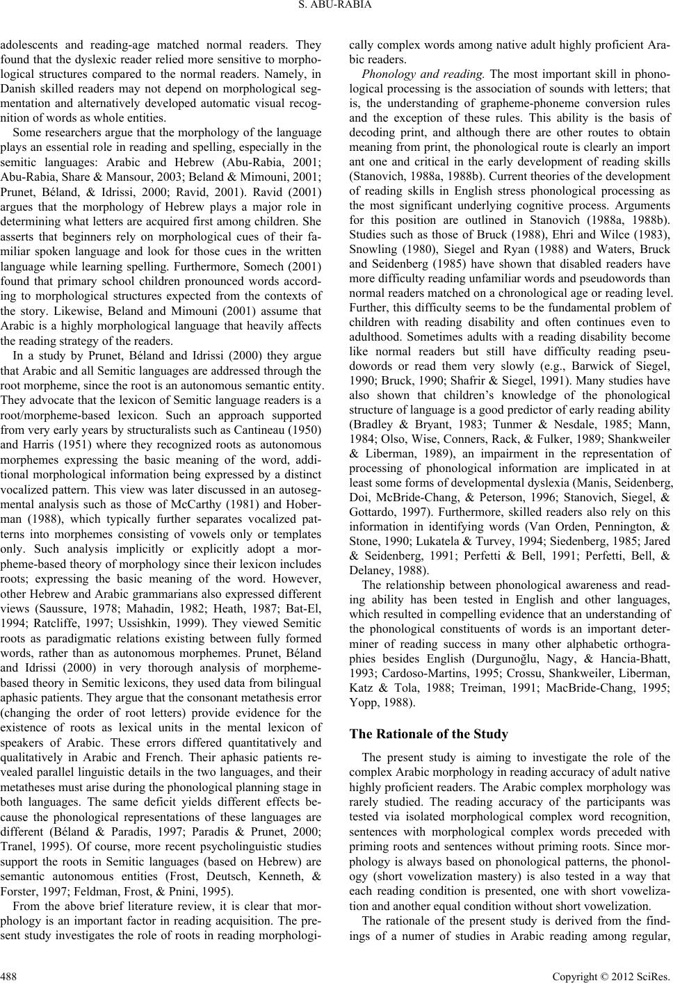 The Role of Morphology and Short Vowelization in Reading Morphological ...