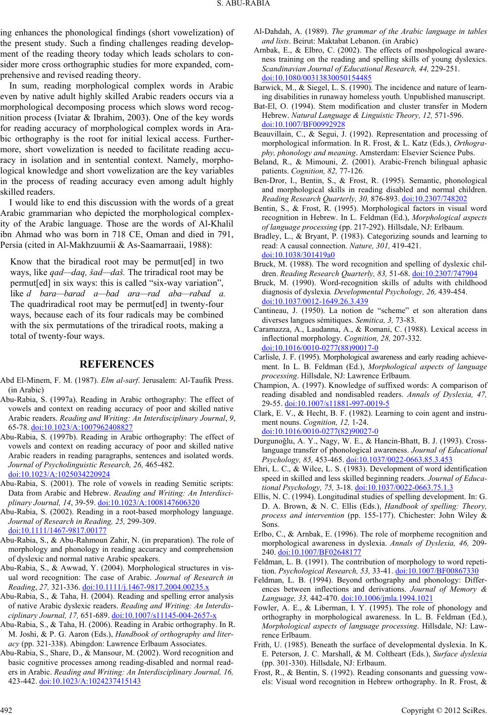 The Role of Morphology and Short Vowelization in Reading Morphological ...