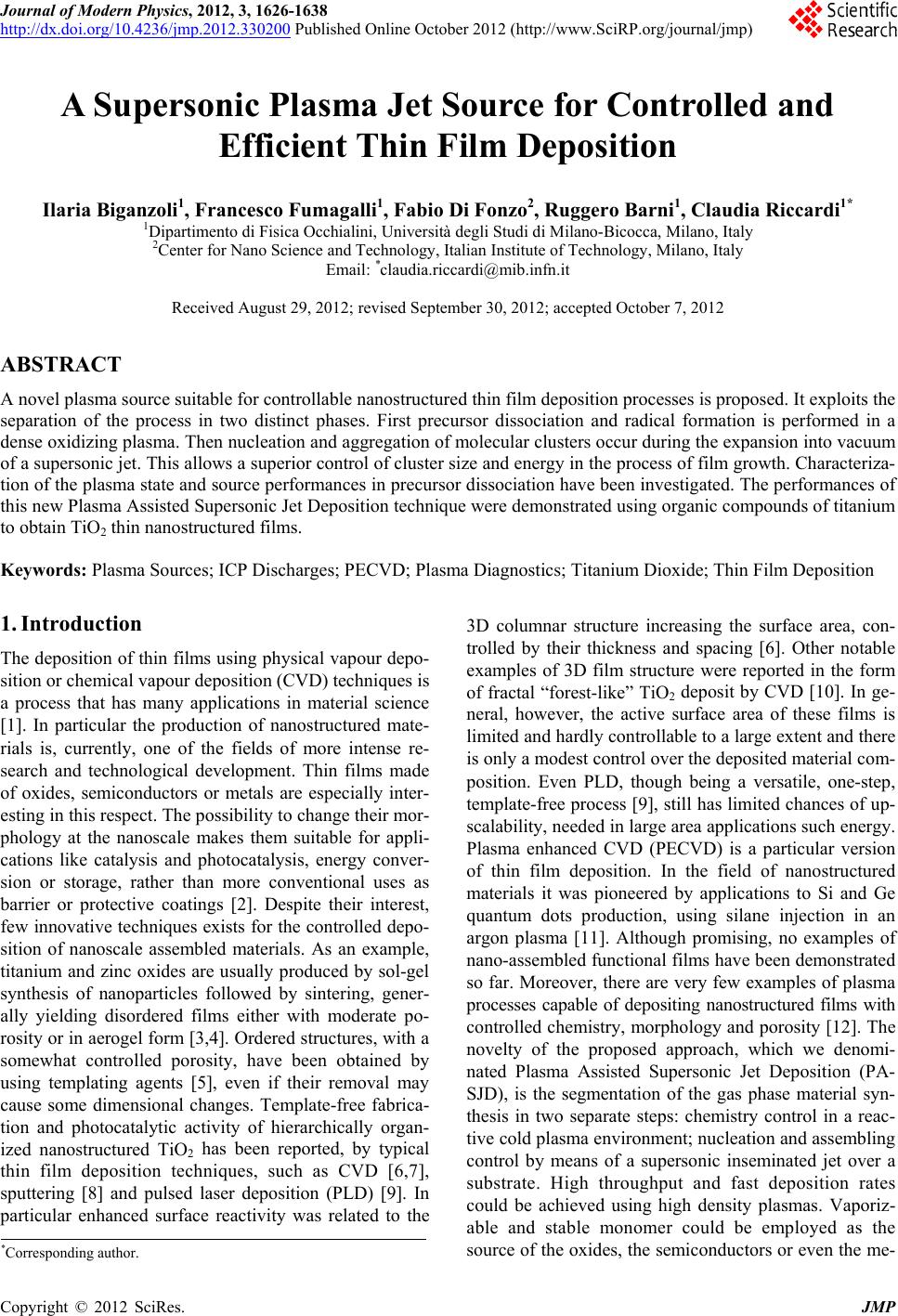 A Supersonic Plasma Jet Source for Controlled and Efficient Thin Film ...