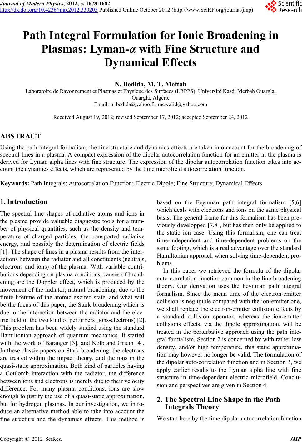 Path Integral Formulation for Ionic Broadening in Plasmas: Lyman- α ...