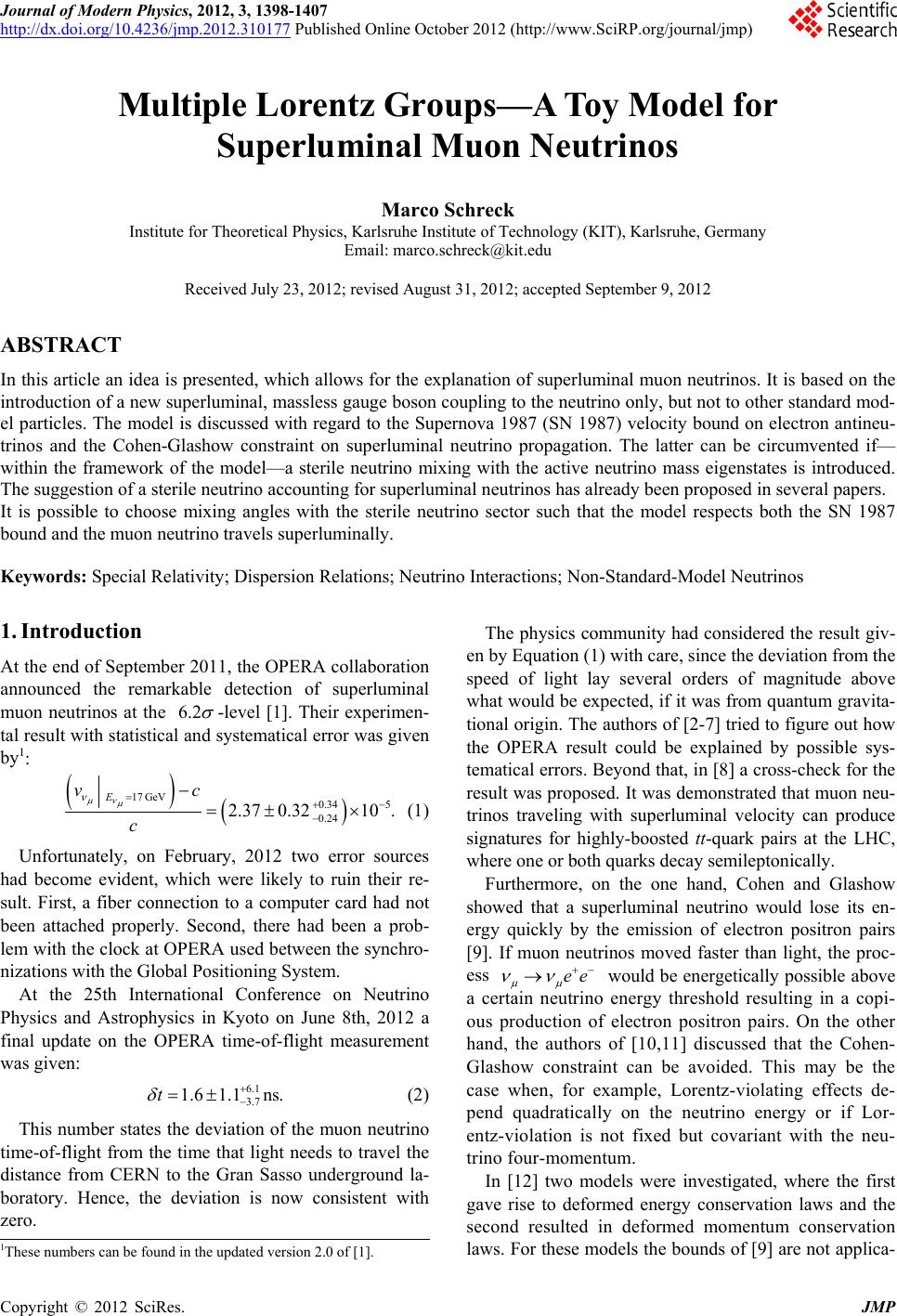Multiple Lorentz Groups—A Toy Model for Superluminal Muon Neutrinos