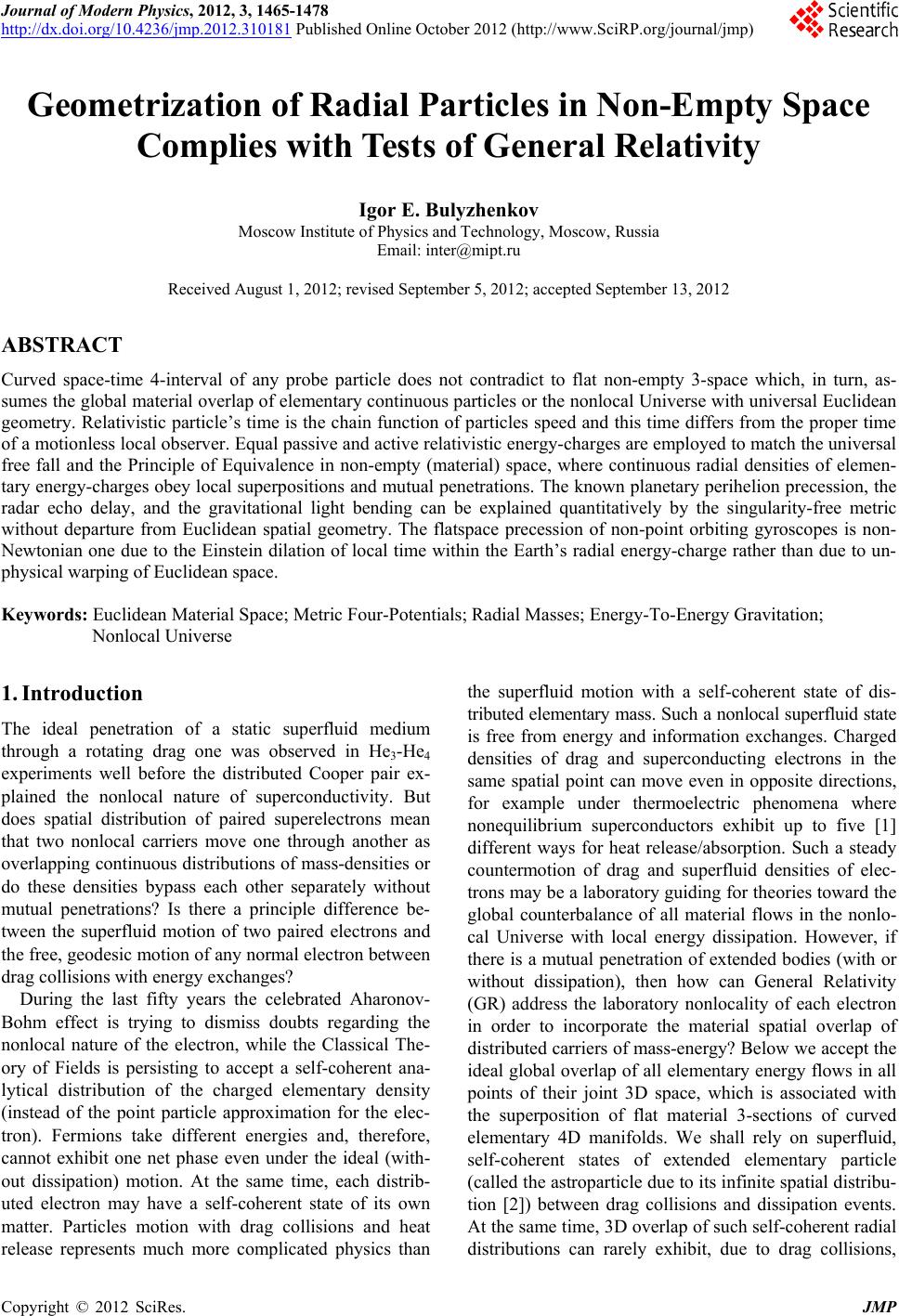 Geometrization of Radial Particles in Non-Empty Space Complies with ...