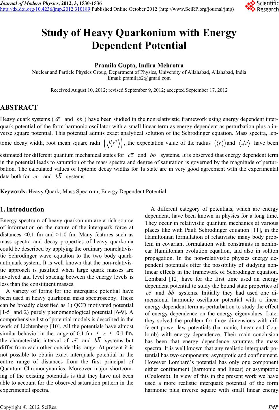 Study of Heavy Quarkonium with Energy Dependent Potential