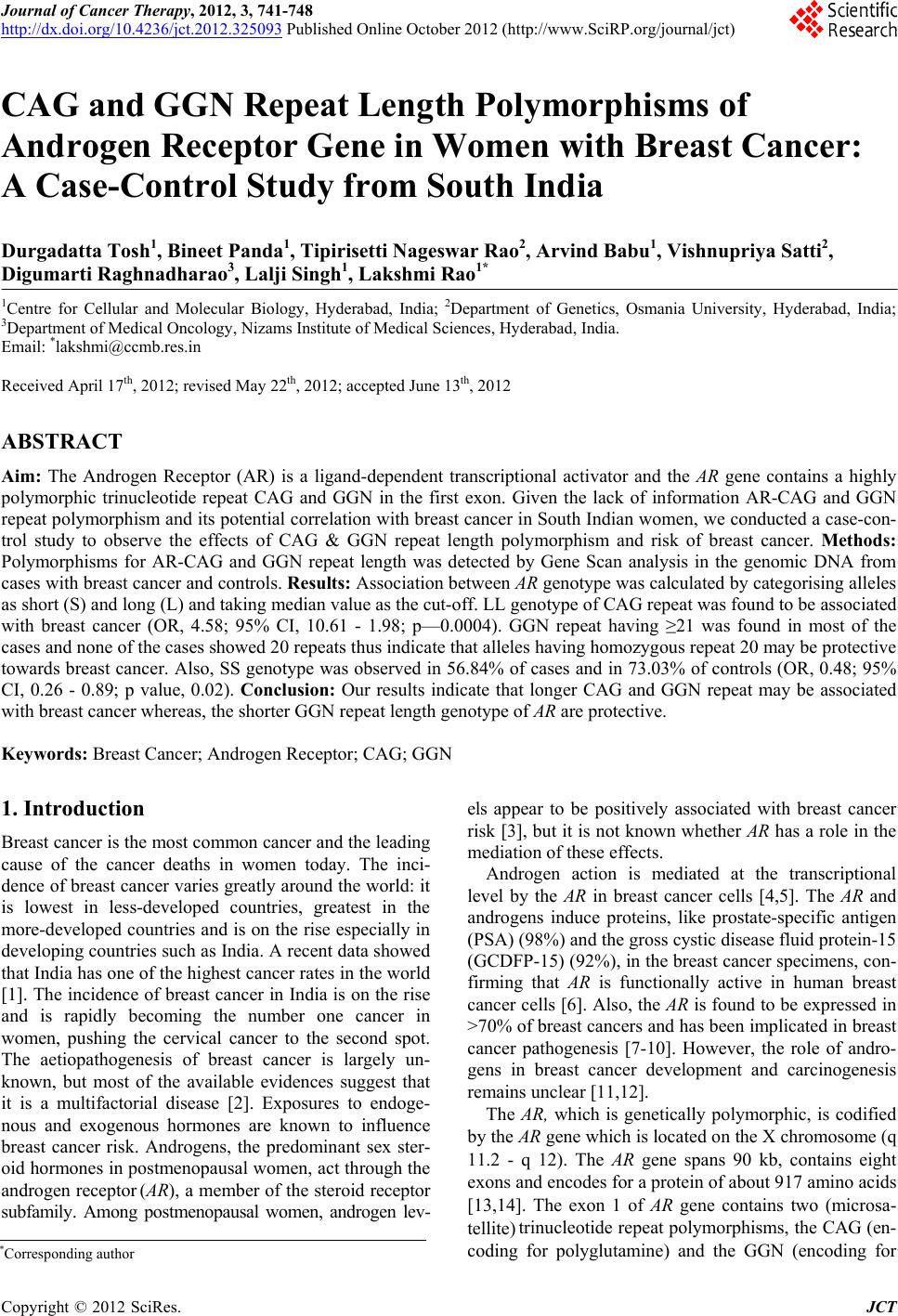 CAG and GGN Repeat Length Polymorphisms of Androgen Receptor Gene in ...
