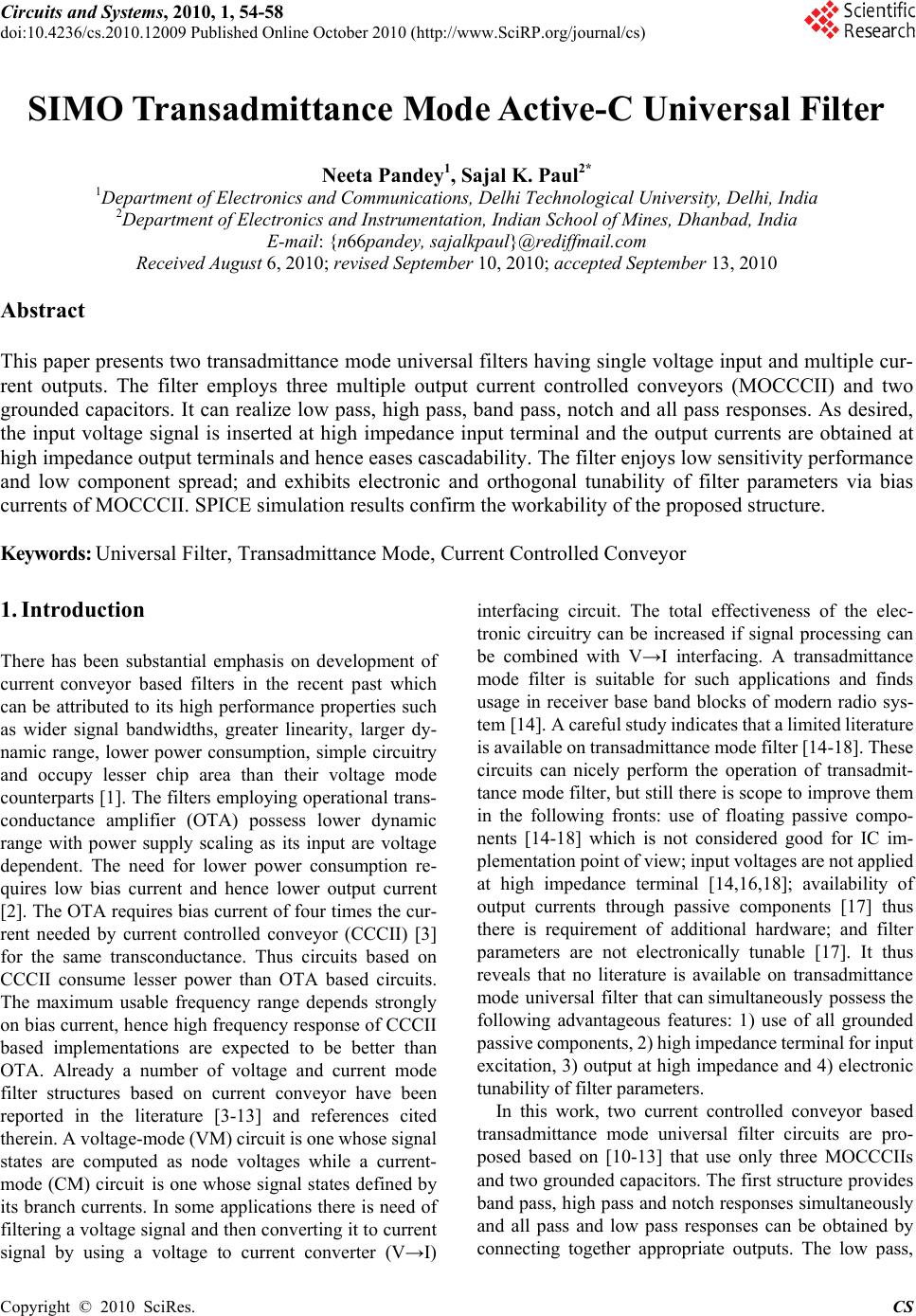 SIMO Transadmittance Mode Active-C Universal Filter