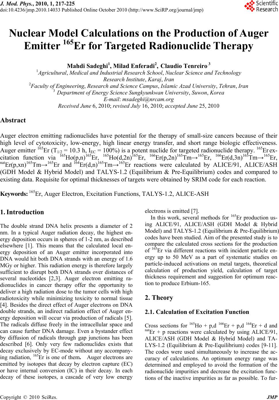 Nuclear Model Calculations on the Production of Auger Emitter 165Er for ...