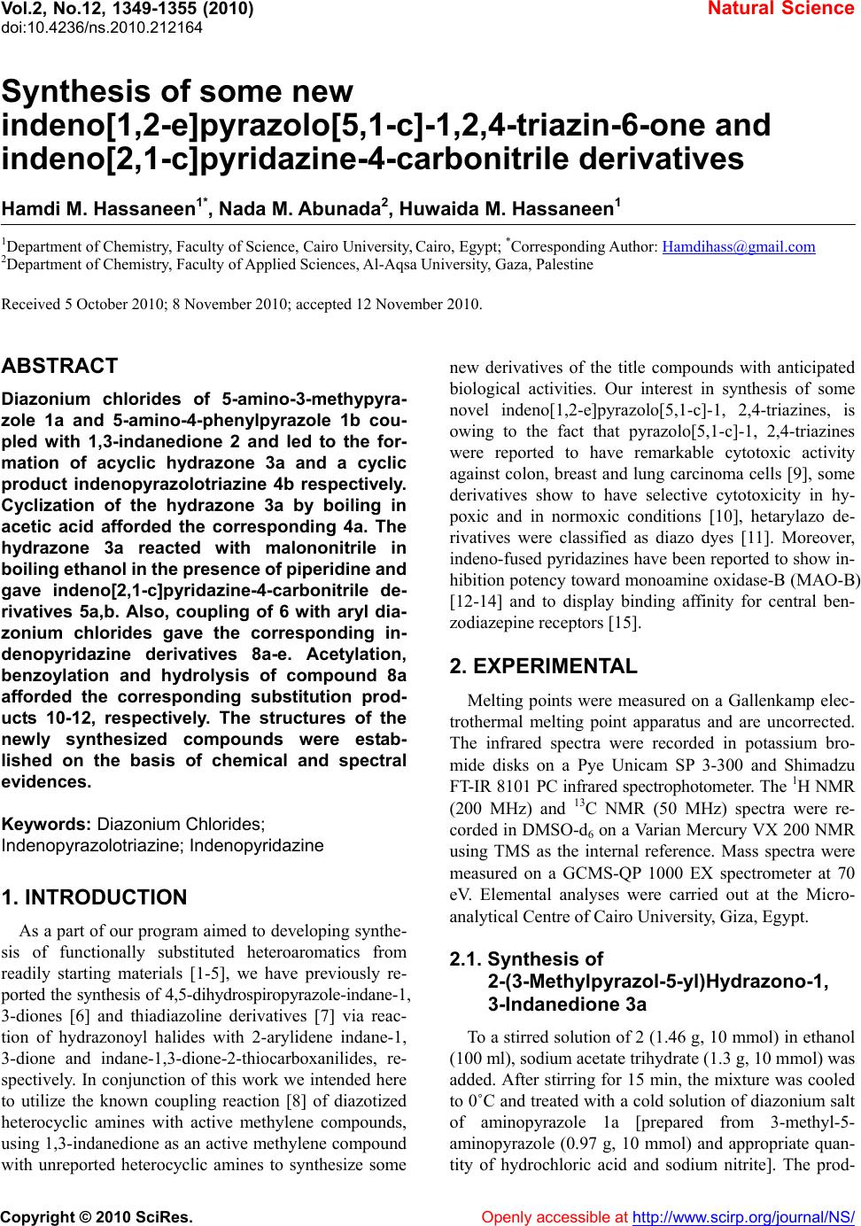 Synthesis of some new Indeno[1,2-e]pyrazolo[5,1-c]-1,2,4-triazin-6-one ...