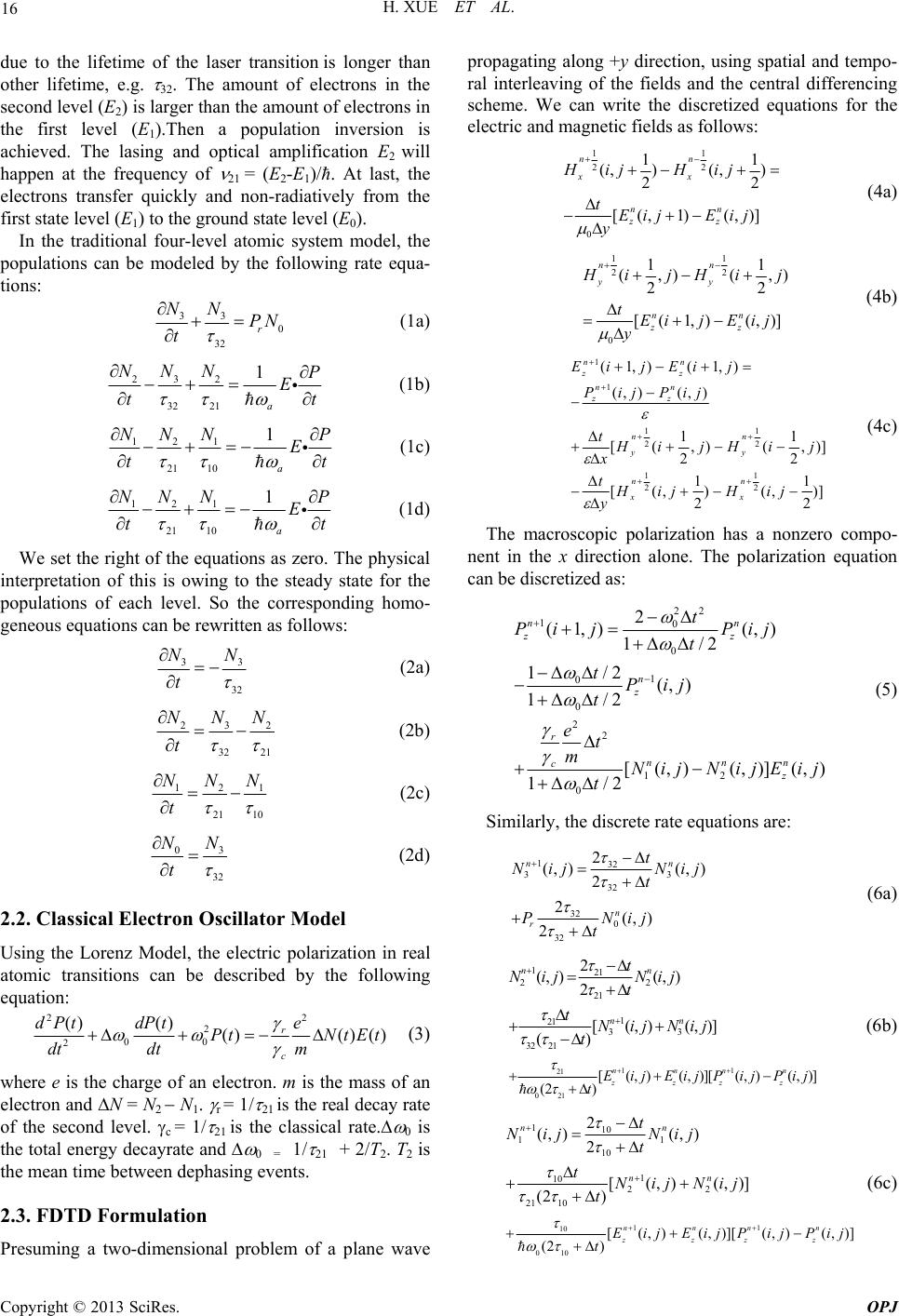 Study on the Gain Material with Four Energy Level Model Using FDTD Method