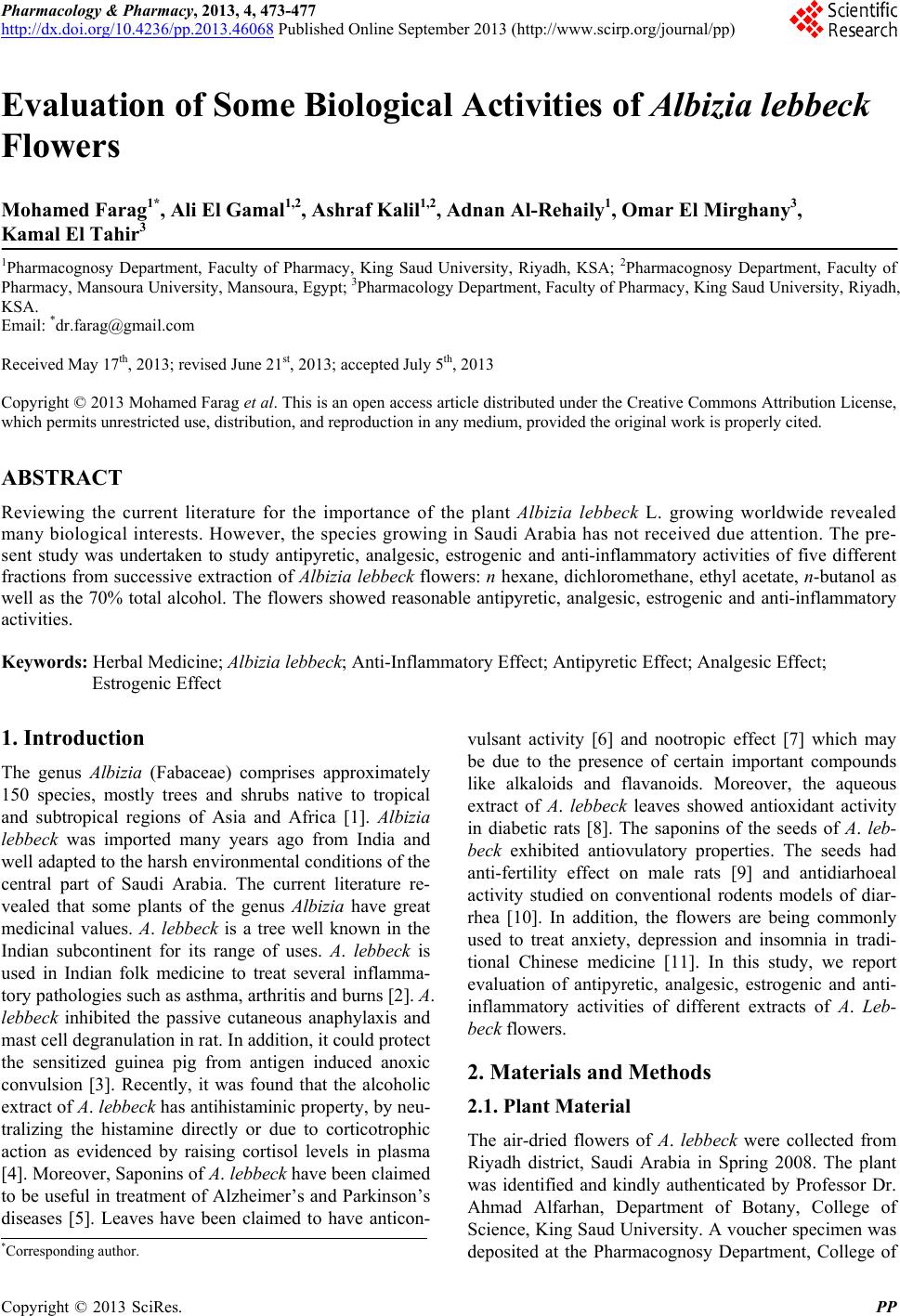 Evaluation of Some Biological Activities of Albizia lebbeck Flowers