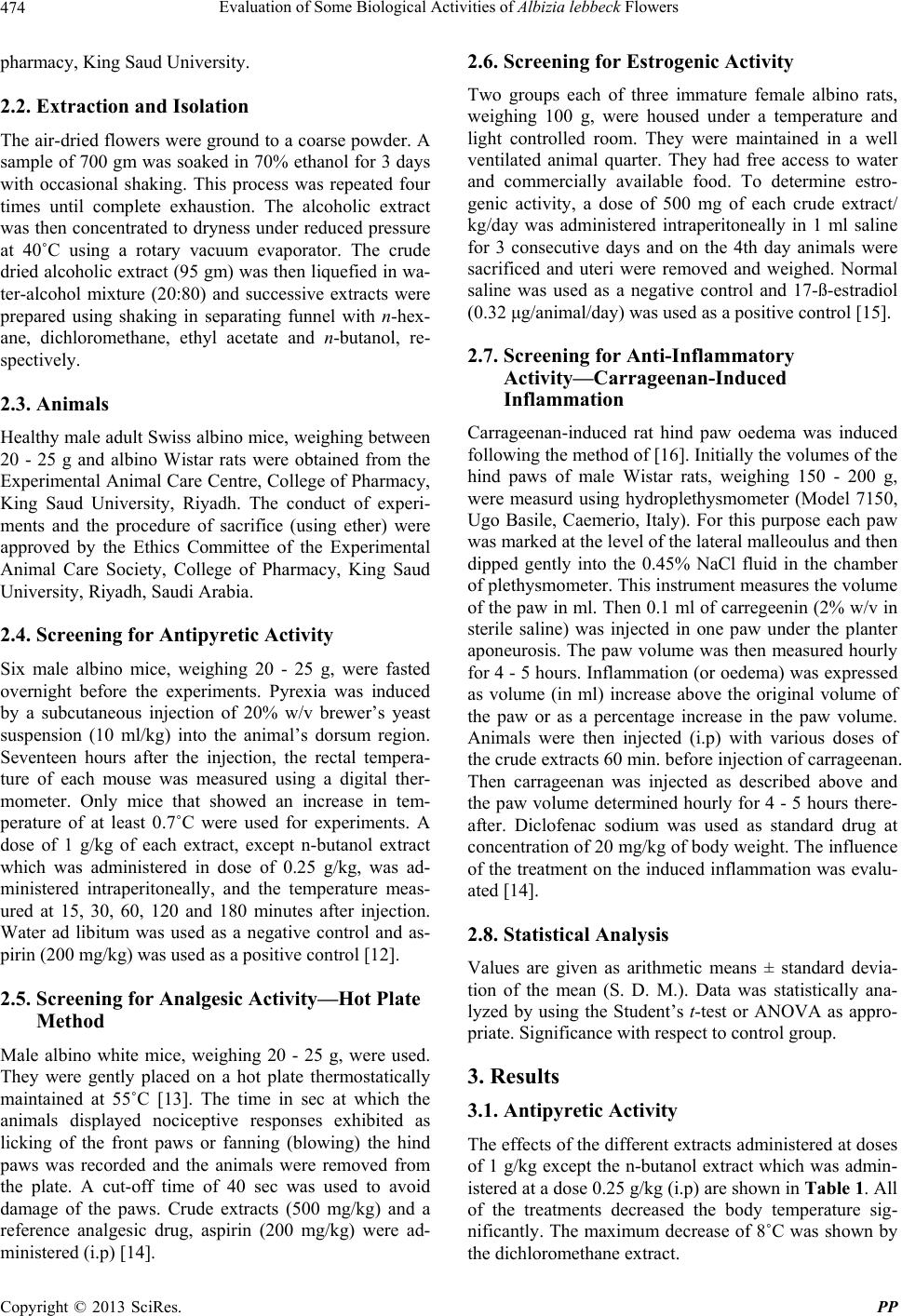 Evaluation of Some Biological Activities of Albizia lebbeck Flowers