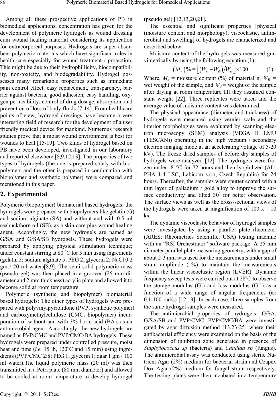 Polymeric Biomaterial Based Hydrogels for Biomedical Applications