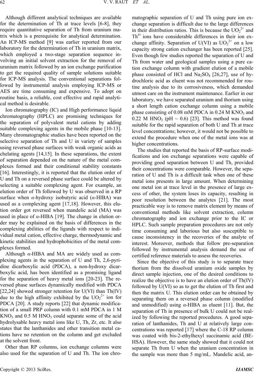 Rima V Raut Separation Behavior of U(VI) and Th(IV) on a Mixed Ion Exchange Column ...