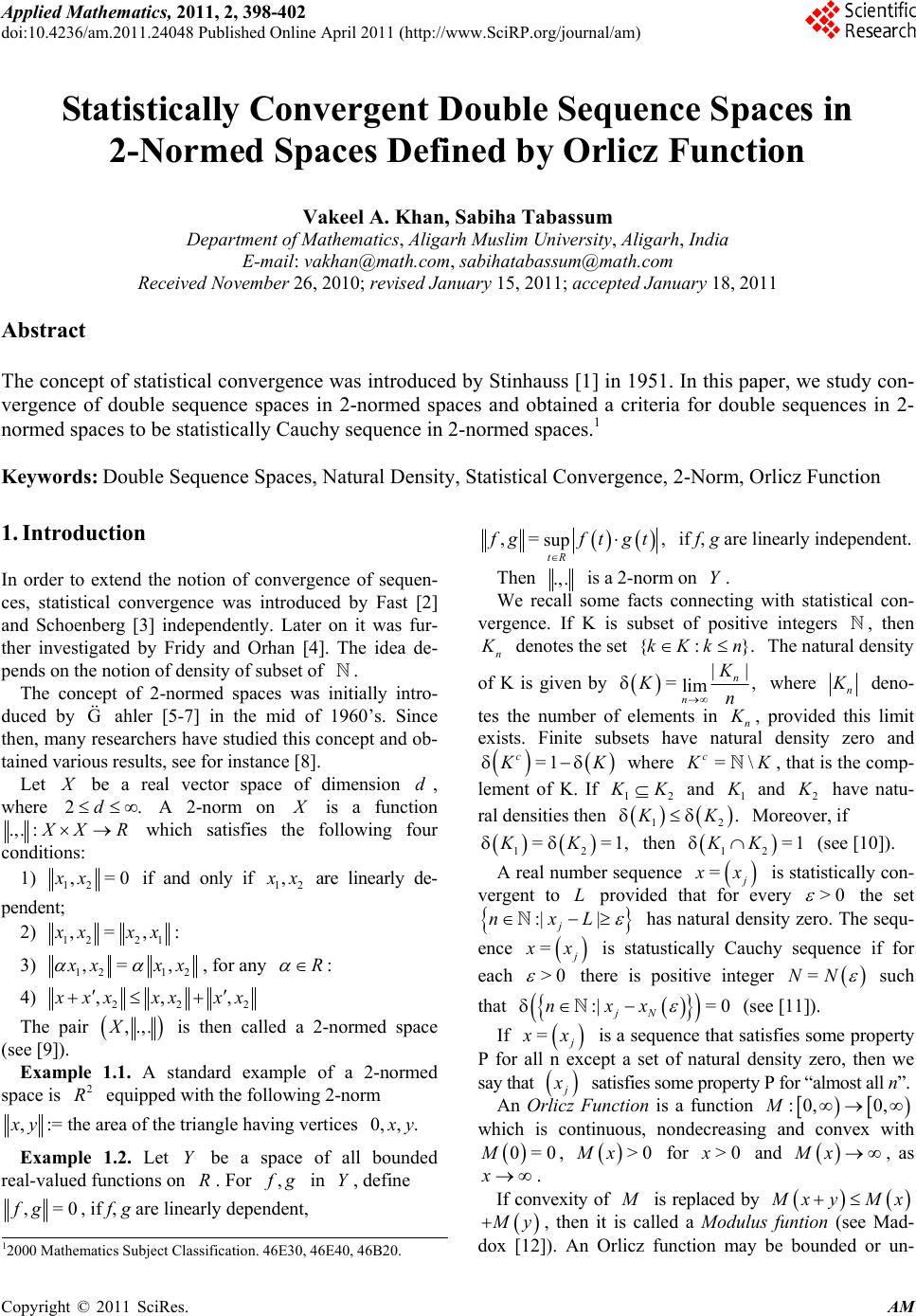 Statistically Convergent Double Sequence Spaces in 2-Normed Spaces ...