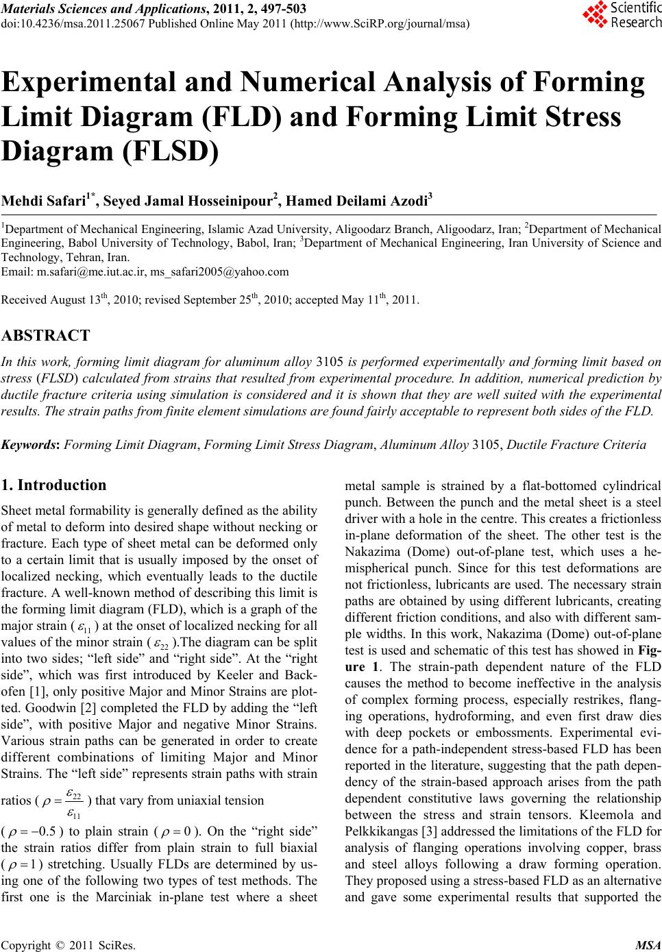 Experimental and Numerical Analysis of Forming Limit Diagram (FLD) and ...