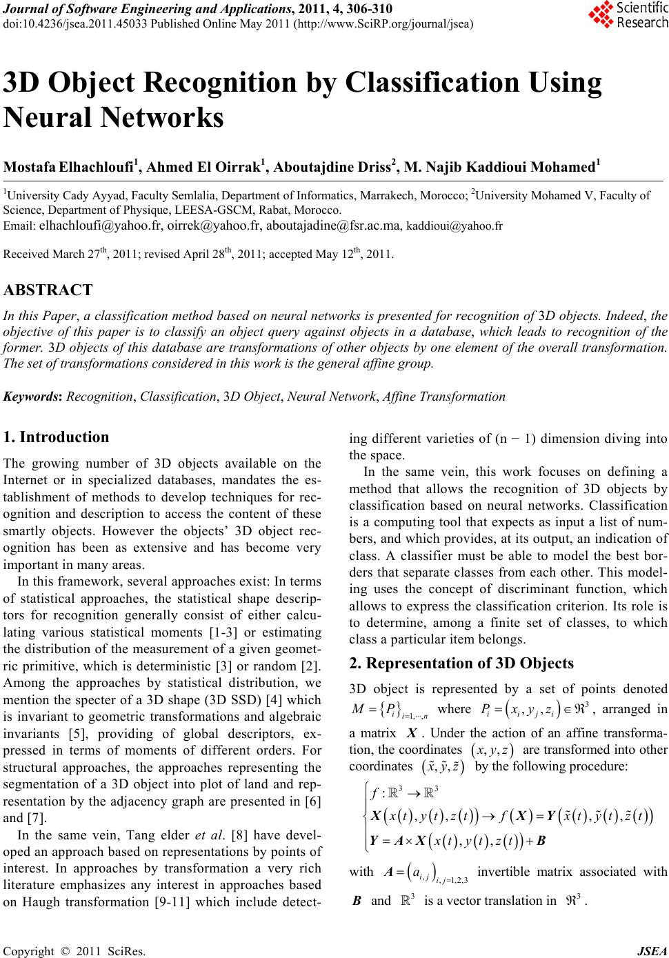 3D Object Recognition by Classification Using Neural Networks