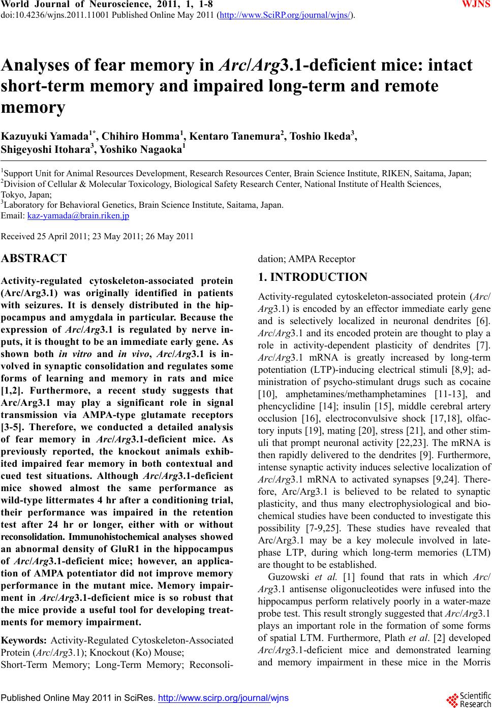 Analyses of fear memory in Arc/Arg3.1-deficient mice: intact short-term ...