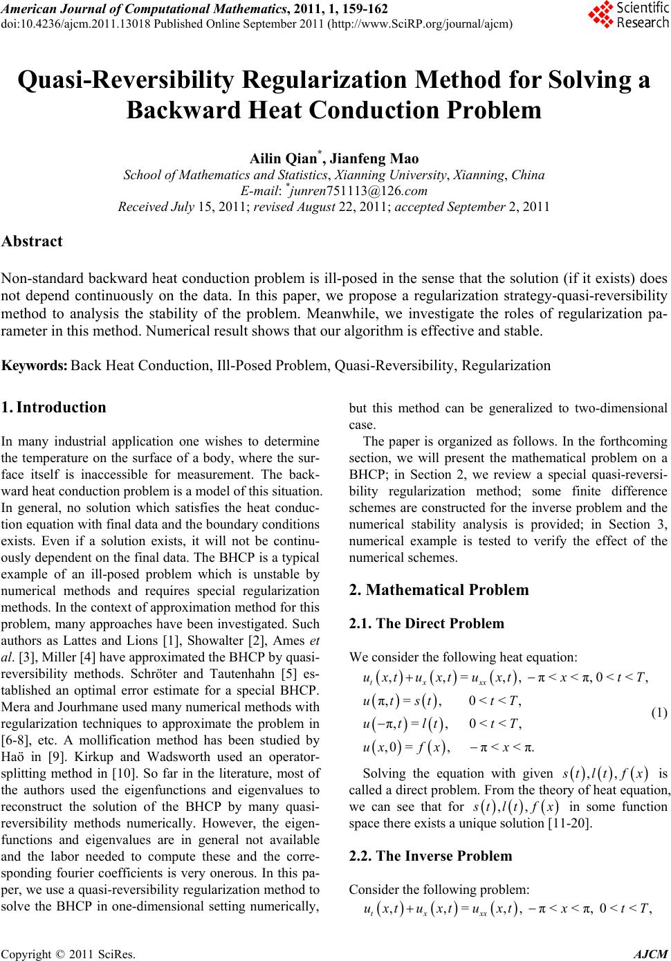 Quasi-Reversibility Regularization Method for Solving a Backward Heat ...