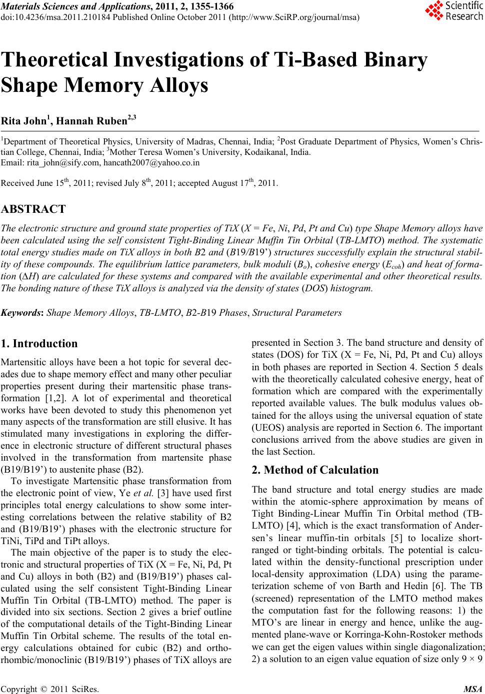 Shape Note Ti Theoretical Investigations of Ti-Based Binary Shape Memory Alloys
